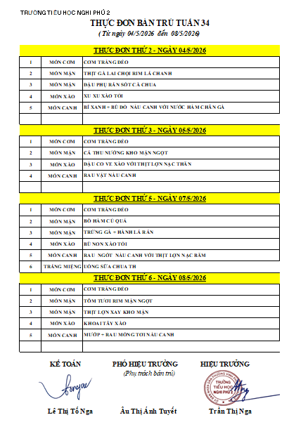 LỊCH TUẦN - THỰC ĐƠN BÁN TRÚ TUẦN 34 (THÁNG 05/2026)