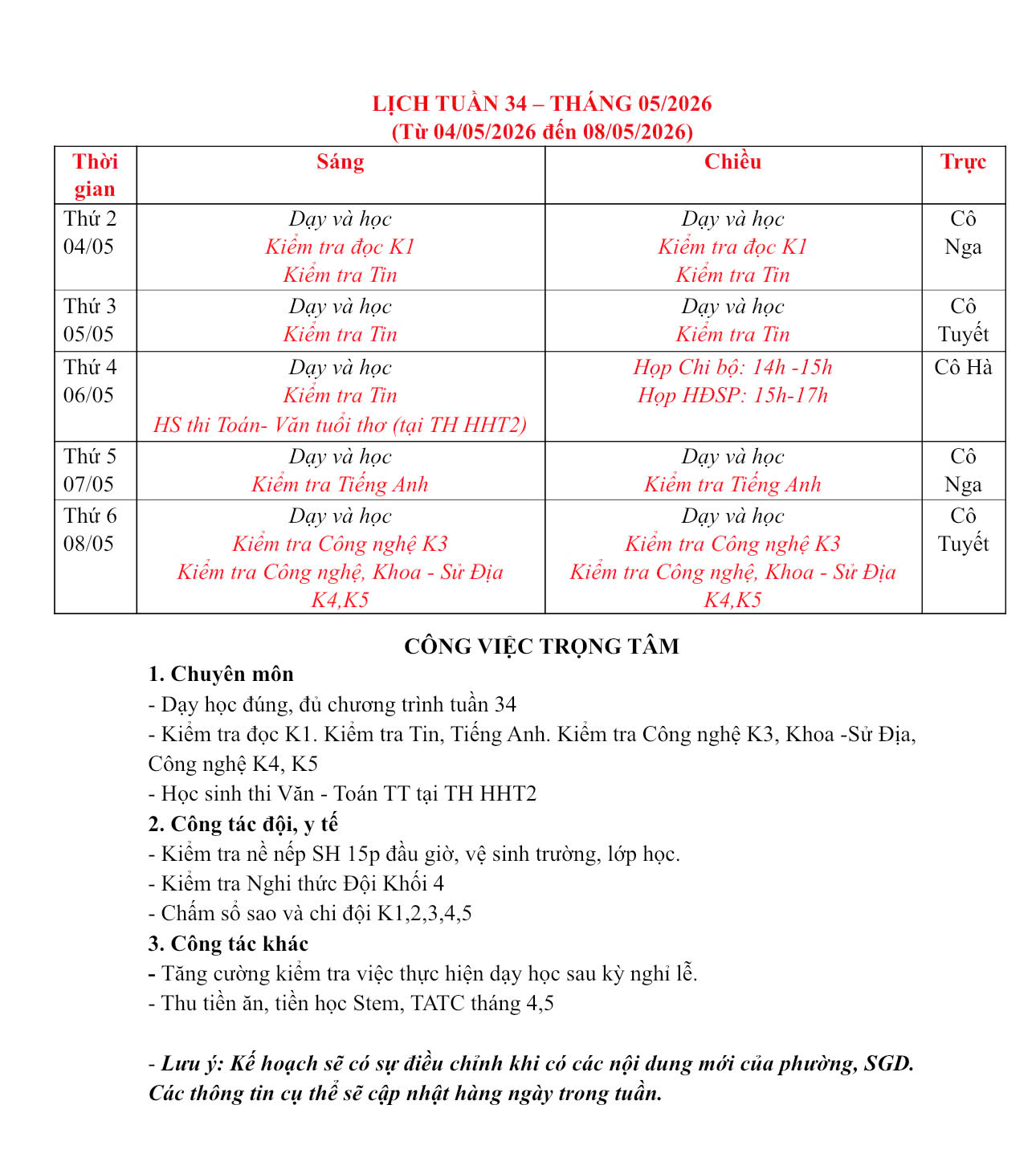 LỊCH TUẦN - THỰC ĐƠN BÁN TRÚ TUẦN 34 (THÁNG 05/2026)