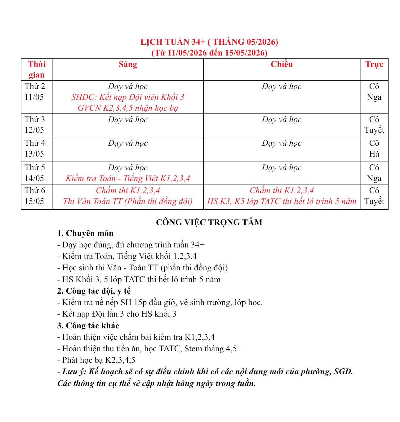 LỊCH TUẤN 34+ - THỰC ĐƠN BÁN TRÚ TUẦN 34+ (THÁNG 05/2026)