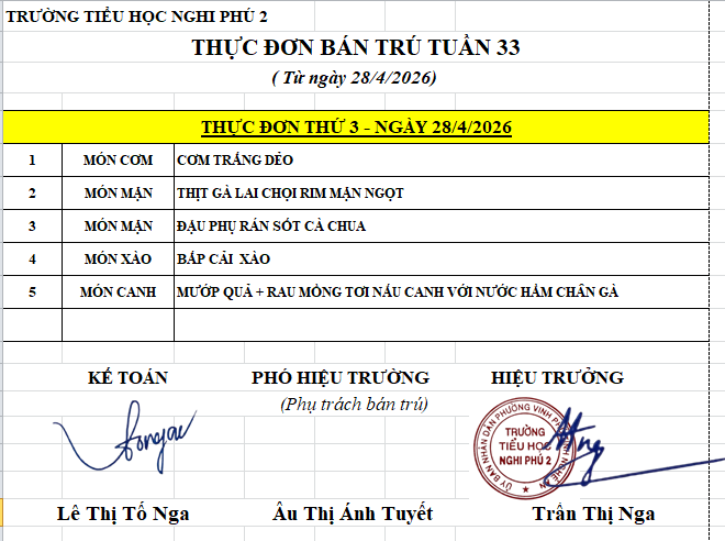 LỊCH TUẦN - THỰC ĐƠN BÁN TRÚ TUẦN 33 (THÁNG 04/2026)