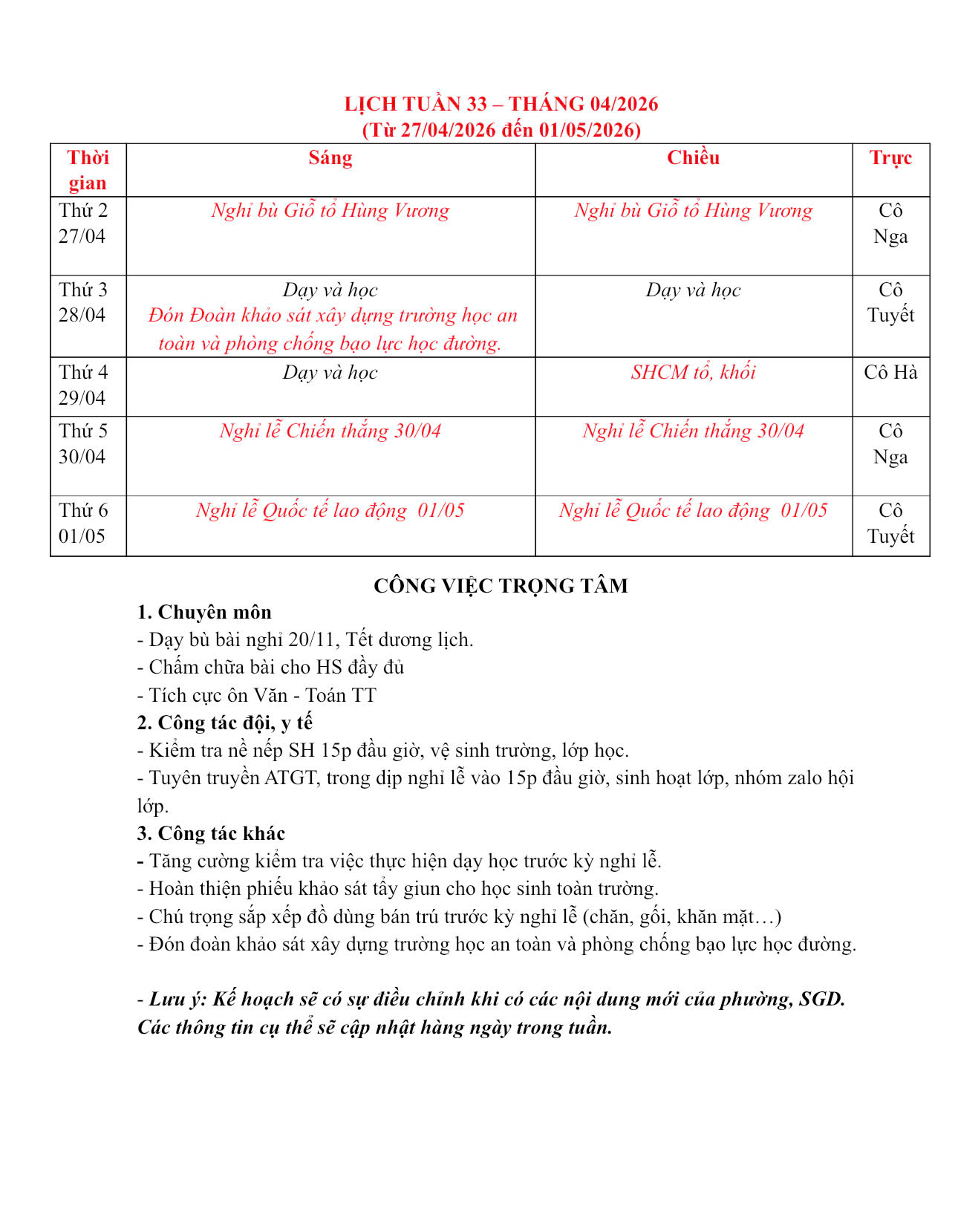 LỊCH TUẦN - THỰC ĐƠN BÁN TRÚ TUẦN 33 (THÁNG 04/2026)